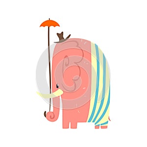 Cute pink cartoon elephant girl with umbrella and hat. Jungle animal colorful character vector Illustration