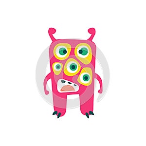 Cute pink cartoon monster, fabulous incredible creature, funny alien vector Illustration