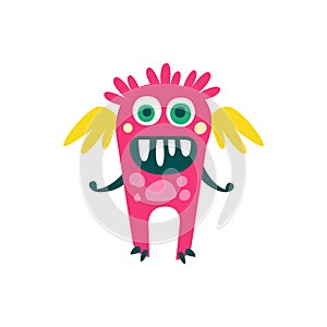 Cute pink cartoon monster with wings, fabulous incredible creature, funny alien vector Illustration