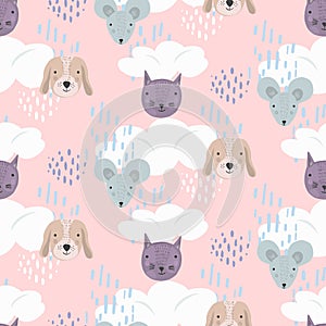 Cute pink cartoon pattern with cats, dogs and mice
