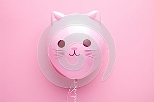 Cute pink cat face balloon on pink background. Minimal creative concept.