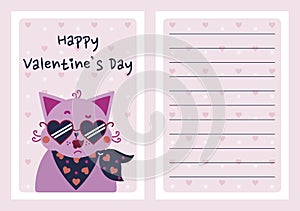 Cute pink cat girl. Stylish kitten in a neckerchief, heart-shaped sunglasses. Bright funny pet in love. Vector template