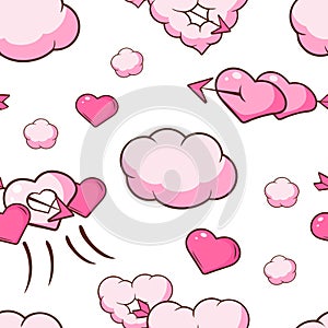 Cute Pink Couds and Hearts Seamless Pattern, Valentines Day, Romantic Date Design Element Can Be Used for Wallpaper