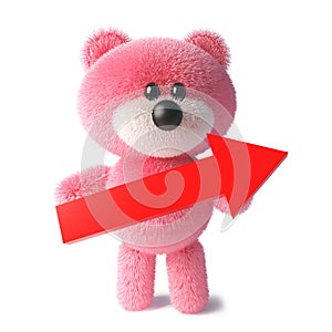 Cute pink cuddly teddy bear with fluffy fur holding a red arrow, 3d illustration