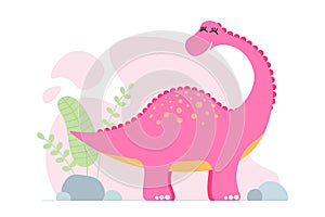 Cute pink dino brontosaurus. Kind smiling baby dinosaur brachiosaurus. Cartoon baby graphic design print banner