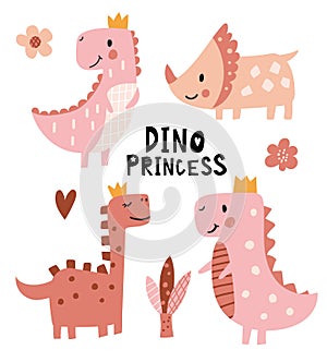 Cute pink dinosaur family. Childish print.