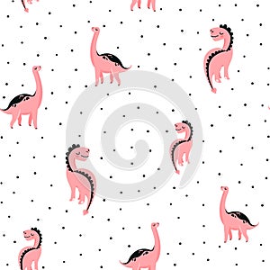 Cute pink dinosaurs seamless vector pattern with dots. Cool kid nursery dino print design in scandinavian style isolated