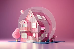 Cute pink dollhouse. Stylish home for a doll. Generative Ai