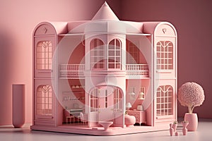 Cute pink dollhouse. Stylish home for a doll. Generative Ai