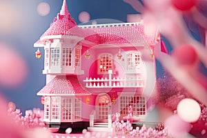 Cute pink dollhouse. Stylish home for a doll. Generative Ai