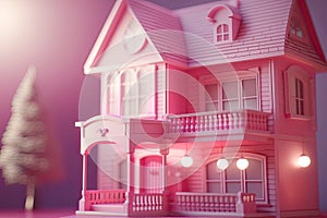 Cute pink dollhouse. Stylish home for a doll. Generative Ai