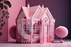 Cute pink dollhouse. Stylish home for a doll. Generative Ai