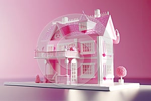 Cute pink dollhouse. Stylish home for a doll. Generative Ai