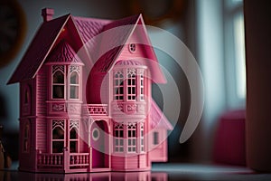 Cute pink dollhouse. Stylish home for a doll. Generative Ai