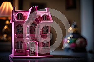 Cute pink dollhouse. Stylish home for a doll. Generative Ai