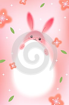 Cute Pink Easter Baby Bunny with Big Egg. Vector Spring Illustration in Watercolor Style with Gradient. Happy Little