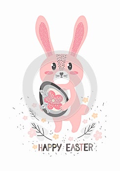 Cute pink Easter Bunny with an Easter egg. Greeting card or banner in Scandinavian hand drawn style. Funny little cartoon rabbit.