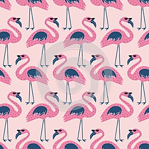 Cute pink flamingo with black sunglasses hand drawn vector illustration. Funny tropical bird seamless pattern for kids.