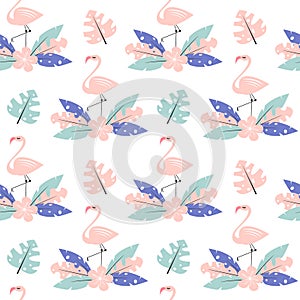 Cute pink flamingo with exotic tropical leaves and flower seamless vector pattern background illustration