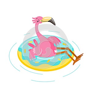 Cute Pink Flamingo Float Inflatable Ring Isolated on White Background. Cartoon Character Summer Vacation