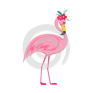 Cute pink flamingo with a floral arrangement on its head. Bouquet of pink flowers and leaves. A bright character, a bird