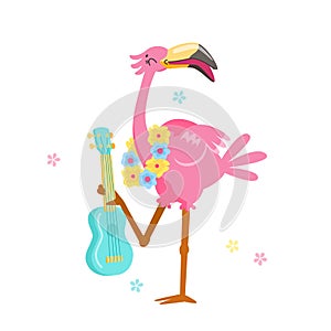 Cute Pink Flamingo in Flower Wreath Play Ukulele Isolated on White Background. Cartoon Character Summer Vacation