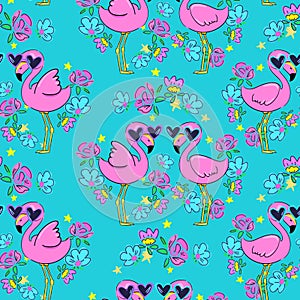 Cute pink flamingo in glasses and flowers beautiful background pattern. print for textiles. vector illustration