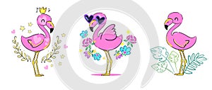 Cute pink flamingo in glasses and flowers beautiful background pattern. print for textiles. vector illustration