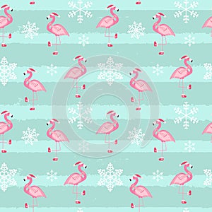 Cute Pink Flamingo New Year and Christmas Seamless Pattern Background Vector Illustration