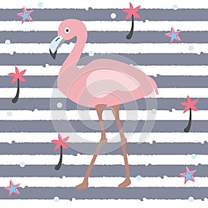 Cute Pink Flamingo with Palms and Stars on a Blue Background with Stripes