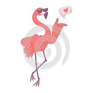 Cute pink flamingo with sunglasses. African bird cartoon flat illustration.