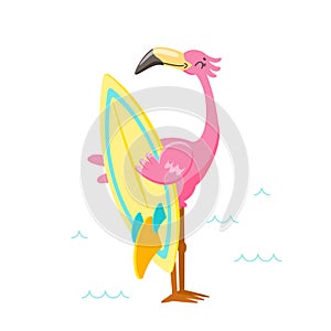 Cute Pink Flamingo with Surf Board on Beach. Cartoon Character on Summer Vacation. Kawaii Personage Summertime photo