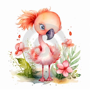 Cute Pink Flamingo Watercolor Clipart Illustration With Flowers