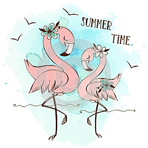 Cute pink flamingos on the sea beach. Summer time. Vector