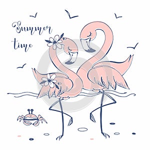 Cute pink flamingos on the sea beach. Summer time. Vector.