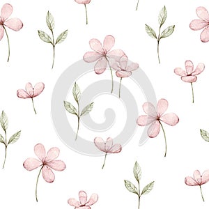 Cute pink flowers on a white background. Seamless pattern. Watercolor illustration. Fabric wallpaper print texture. Perfectly for photo