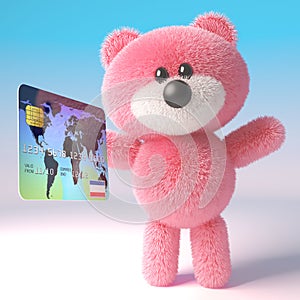 Cute pink fluffy 3d teddy bear soft toy character holding a credit debit card, 3d illustration