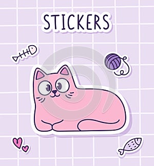 A cute pink fluffy cat is lying down. Sticker of a cat with toys on a checkered background. Label Sticker.