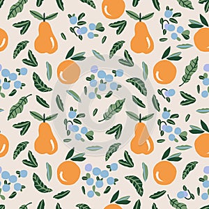 Cute pink fruit and berry illustration motif seamless repeat pattern