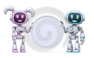 Cute pink girl and blue boy robots hold blank circle sign 3D