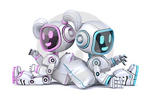 Cute pink girl and blue boy robots talking an pillows 3D