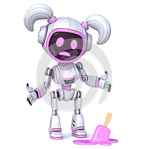 Cute pink girl robot dropped ice cream 3D