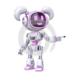 Cute pink girl robot finger pointing 3D