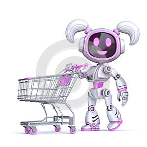 Cute pink girl robot push empty shopping cart 3D