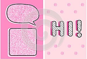 Cute pink glitter texture. Vector frame for text. Pattern for decoration birthday party and girl baby shower invitation card.