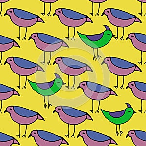 Cute pink and green Birds set. Vector Seamless pattern.