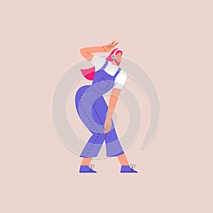 Cute pink hair girl dance to the music while listening to it with headphones. Feminine cartoon character dancing from