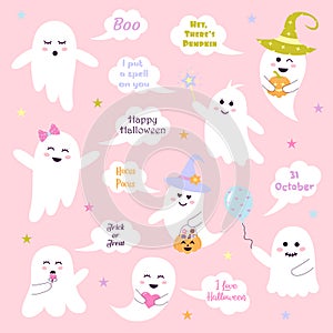 Cute pink halloween ghosts set with sayings in speech bubbles.