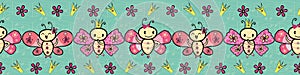 Cute pink hand drawn Kawaii style dancing butterflies border.Seamless vector pattern on blue textured musical notes
