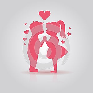 Cute pink icon of kissing couple of children. Boy and girl stand Holding hands before kiss. First Love, First kiss